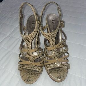 Nicole by Nicole Miller Tan Snake-Print Strappy Heels